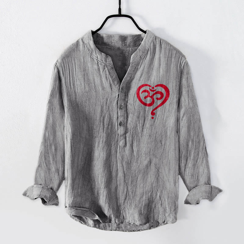 Camisa de manga larga de lino y algodón para hombre con diseño de corazón de Buddha Stones y símbolo OM, con botones y medio cuello. - Gris - US/UK/AU50, UE60 (5XL) - image 3