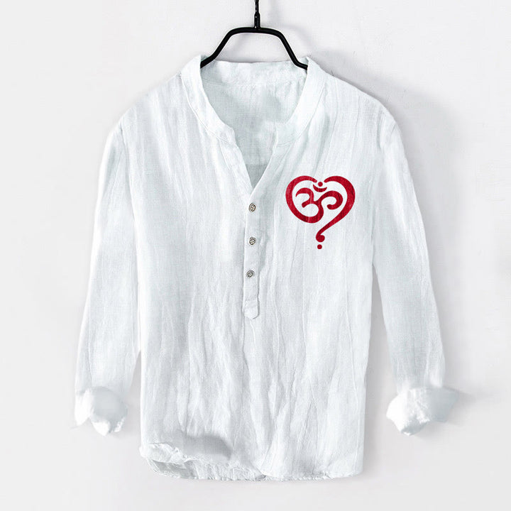 Camisa de manga larga de lino y algodón para hombre con diseño de corazón de Buddha Stones y símbolo OM, con botones y medio cuello. - Blanco - US/UK/AU50, EU60 (5XL) - image 6