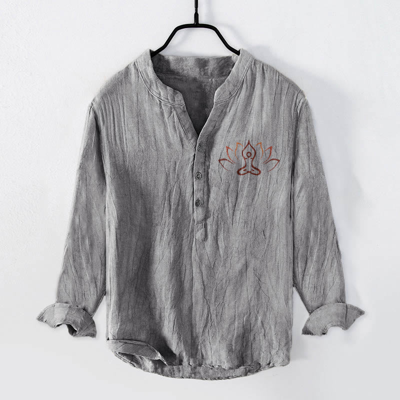 Camisa de manga larga de lino y algodón para hombre con diseño de Buddha Stones, figura de loto meditando y botones. - Gris - US/UK/AU50, EU60 (5XL) - image 3