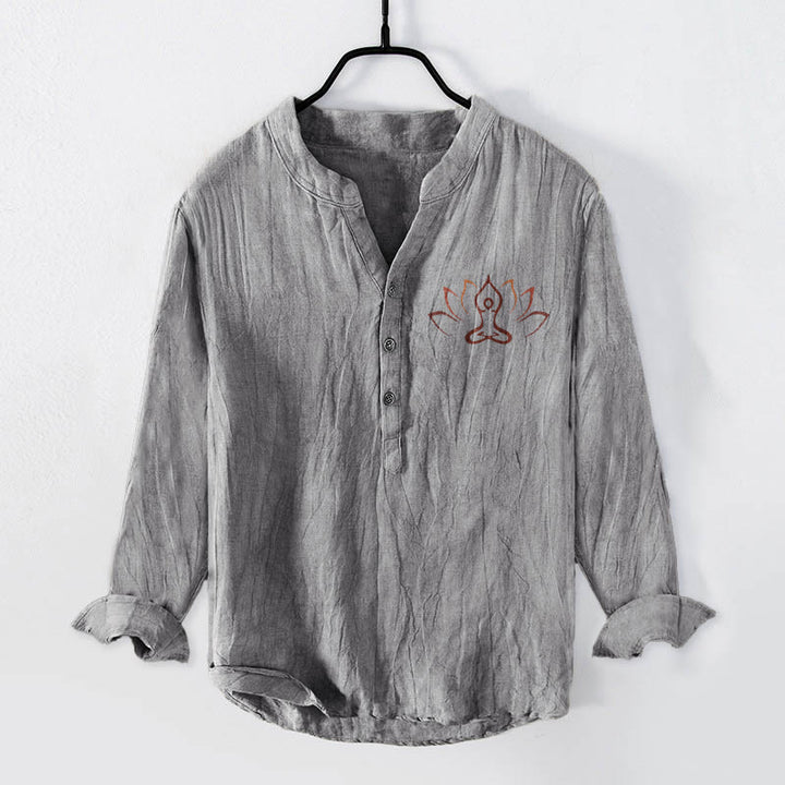 Camisa de manga larga de lino y algodón para hombre con diseño de Buddha Stones, figura de loto meditando y botones. - Gris - US/UK/AU50, EU60 (5XL) - image 3
