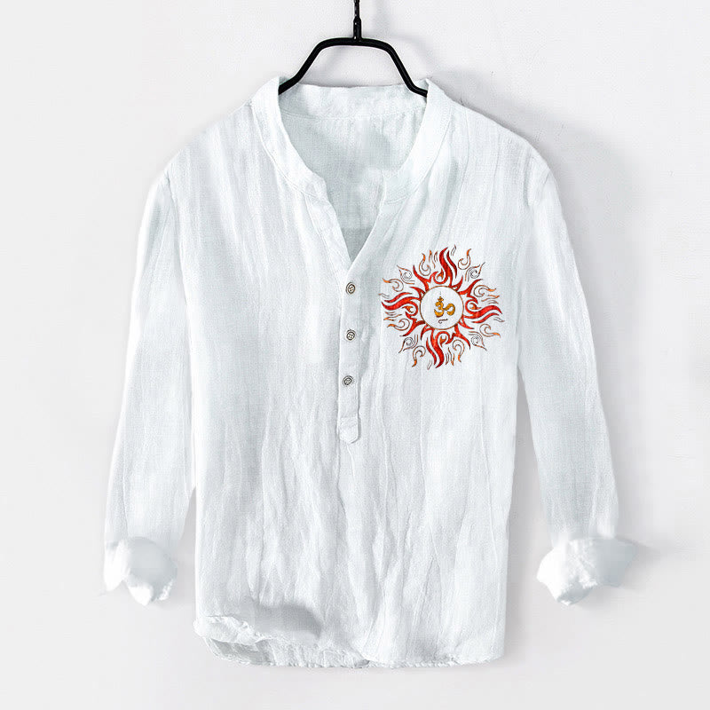 Camisa de manga larga de algodón y lino para hombre con diseño de símbolo OM en forma de sol y Buddha Stones , con botones y medio cuello - Blanco - US/UK/AU50, EU60 (5XL) - image 6
