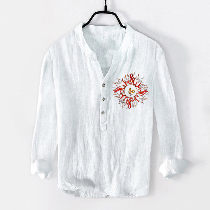 Camisa de manga larga de algodón y lino para hombre con diseño de símbolo OM en forma de sol y Buddha Stones , con botones y medio cuello - Blanco - US/UK/AU50, EU60 (5XL) - image 6