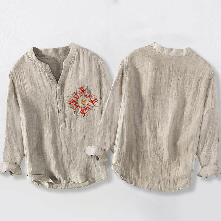 Camisa de manga larga de algodón y lino para hombre con diseño de símbolo OM en forma de sol y Buddha Stones , con botones y medio cuello - image 2