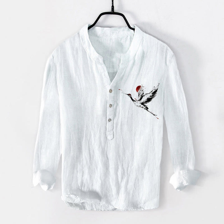 Camisa de manga larga de algodón y lino para hombre con diseño de Buddha Stones, grulla voladora y sol, con botones y medio cuello - Blanco - US/UK/AU50, EU60 (5XL) - image 6