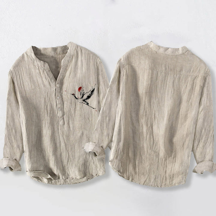 Camisa de manga larga de algodón y lino para hombre con diseño de Buddha Stones, grulla voladora y sol, con botones y medio cuello - image 2