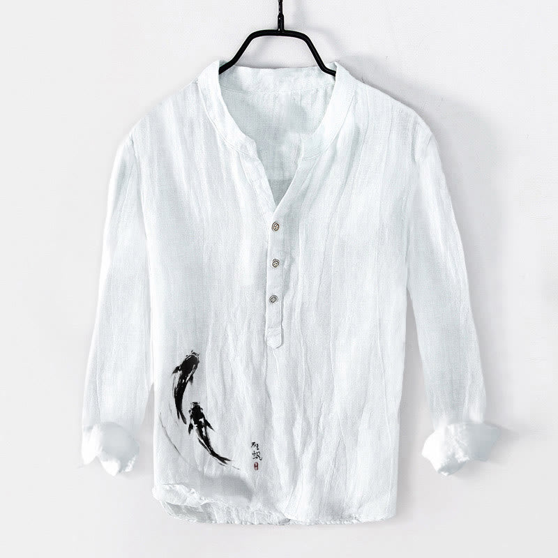 Camisa de manga larga de algodón y lino para hombre con estampado de dos peces koi y Buddha Stones , con botones y medio cuerpo - Blanco - US/UK/AU50, EU60 (5XL) - image 6