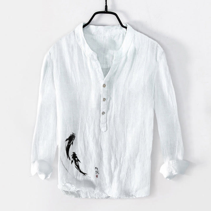 Camisa de manga larga de algodón y lino para hombre con estampado de dos peces koi y Buddha Stones , con botones y medio cuerpo - Blanco - US/UK/AU50, EU60 (5XL) - image 6