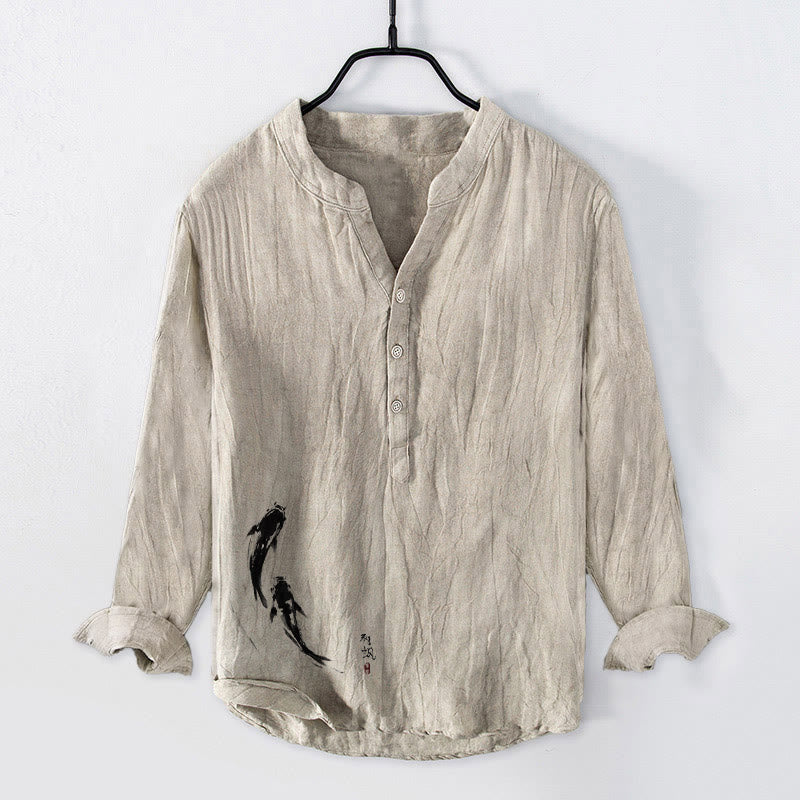 Camisa de manga larga de algodón y lino para hombre con estampado de dos peces koi y Buddha Stones , con botones y medio cuerpo - Lino - US/UK/AU50, EU60 (5XL) - image 0
