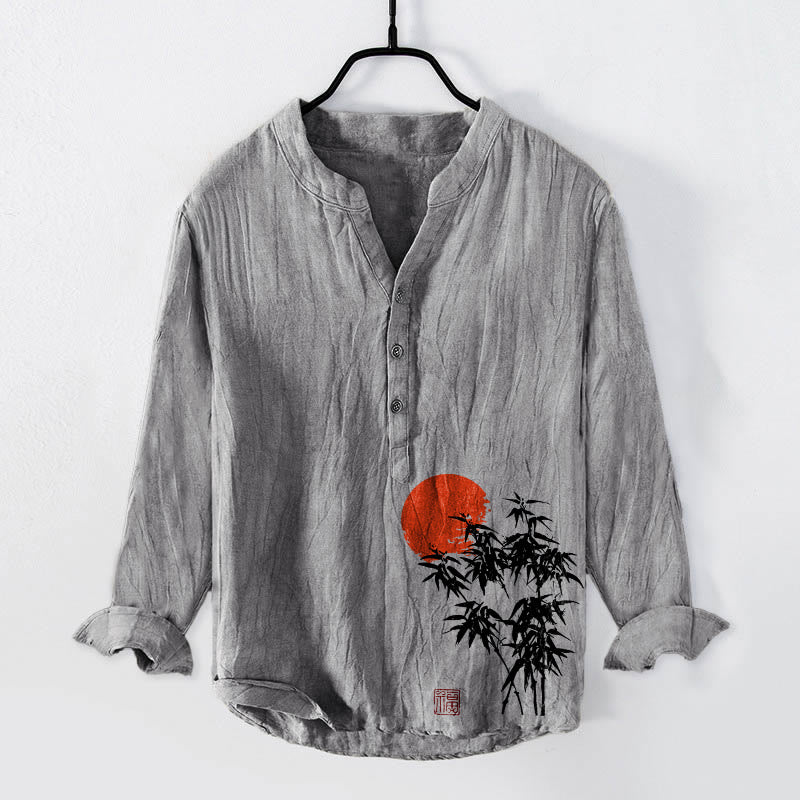 Camisa de manga larga de lino y algodón para hombre con estampado de sol rojo, hojas de bambú y Buddha Stones , con botones y medio cuello - Gris - US/UK/AU50, EU60 (5XL) - image 3
