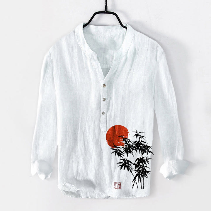 Camisa de manga larga de lino y algodón para hombre con estampado de sol rojo, hojas de bambú y Buddha Stones , con botones y medio cuello - Blanco - US/UK/AU50, EU60 (5XL) - image 6