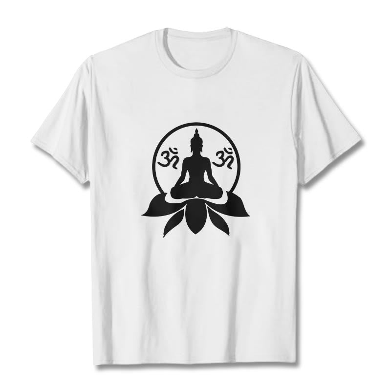 Camiseta con diseño de Buda sentado sobre una flor de loto, símbolo OM, mantras sánscritos y Buddha Stones de Buda - Blanco - 2XL - image 3