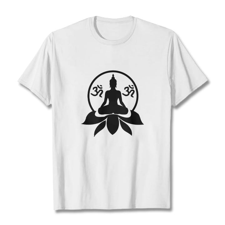 Camiseta con diseño de Buda sentado sobre una flor de loto, símbolo OM, mantras sánscritos y Buddha Stones de Buda - Blanco - 2XL - image 3