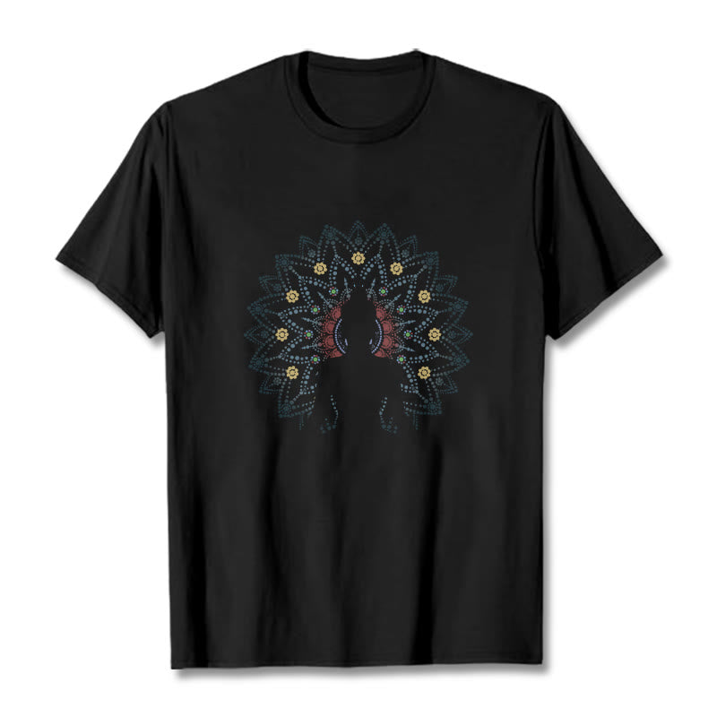 Camiseta con estampado de Buda sereno sentado y flor de mandala con Buddha Stones de Buda - Negro - 2XL - image 6