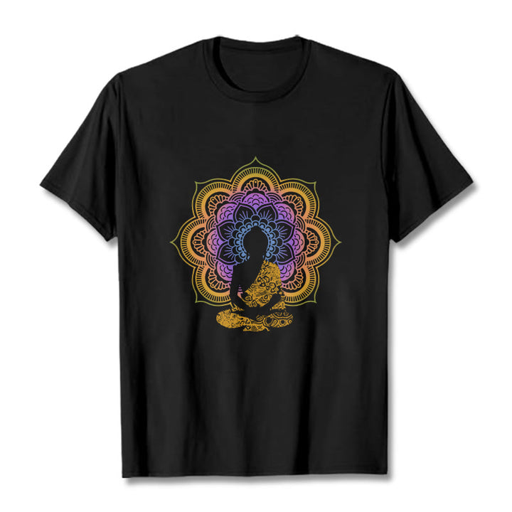 Camiseta con estampado de Buda sentado, flor y mandala multicolor con Buddha Stones de Buda - Negro - 2XL - image 0