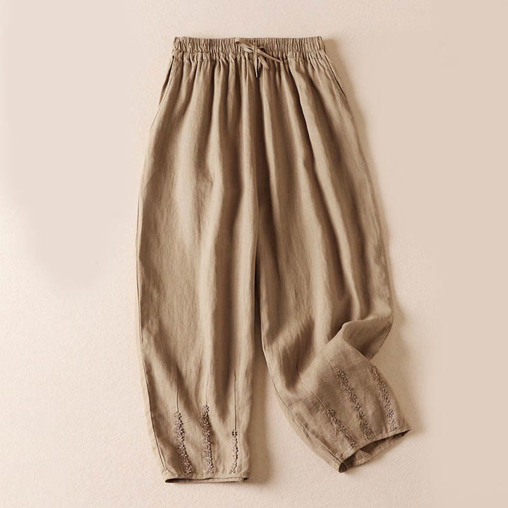 Pantalones harén con bordado de flores pequeñas de verano y bolsillos de Buddha Stones - Trigo - US8-10，UK/AU12-14，EU40-42 (2XL) - image 0