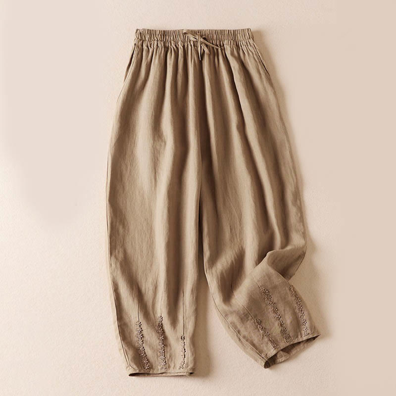 Pantalones harem de verano con bordado de flores pequeñas y Buddha Stones, con bolsillos. - Trigo - US8-10，UK/AU12-14，EU40-42 (2XL) - image 0