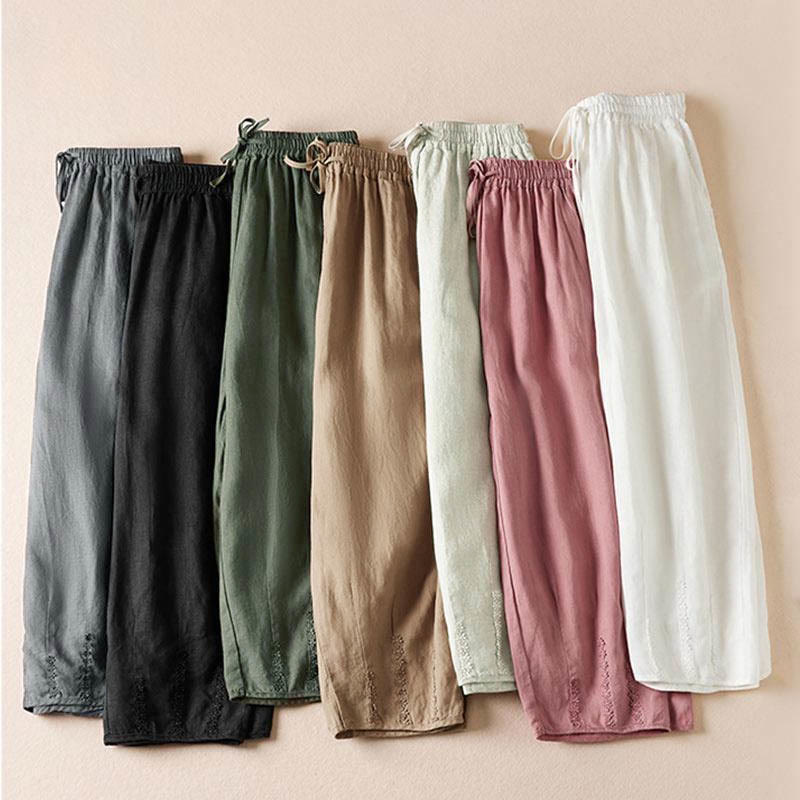 Pantalones harem de verano con bordado de flores pequeñas y Buddha Stones, con bolsillos. - image 1
