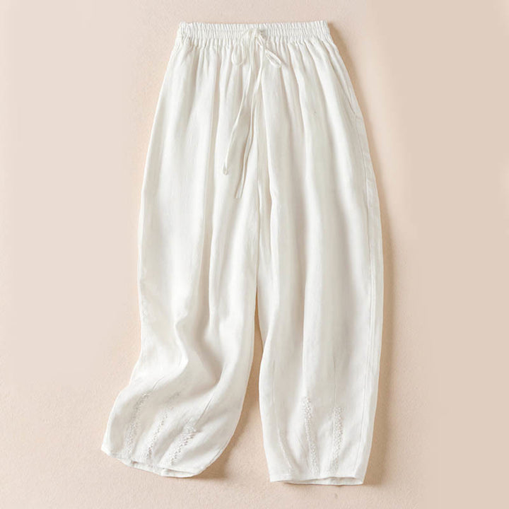 Pantalones harem de verano con bordado de flores pequeñas y Buddha Stones, con bolsillos. - Blanco - US8-10，UK/AU12-14，EU40-42 (2XL) - image 17