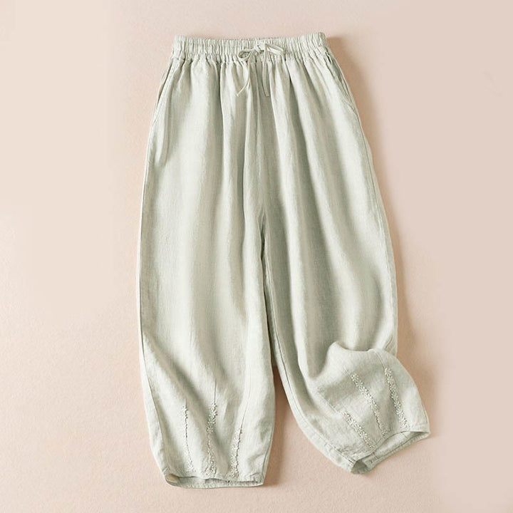 Pantalones harem de verano con bordado de flores pequeñas y Buddha Stones, con bolsillos. - Lino - US8-10，UK/AU12-14，EU40-42 (2XL) - image 23