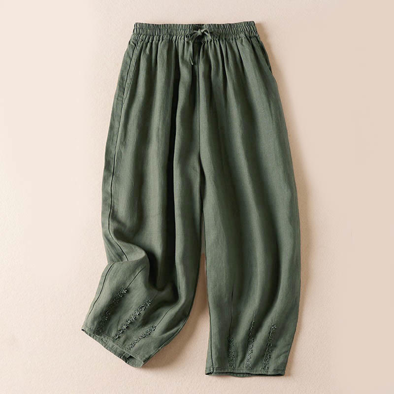 Pantalones harem de verano con bordado de flores pequeñas y Buddha Stones, con bolsillos. - Verde mar oscuro - US8-10，UK/AU12-14，EU40-42 (2XL) - image 28