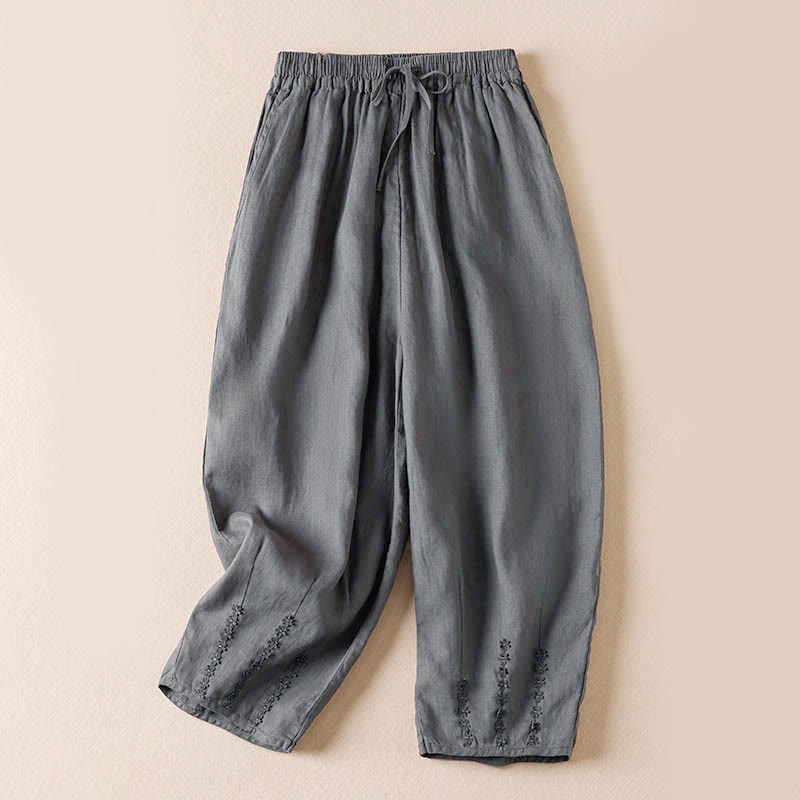 Pantalones harem de verano con bordado de flores pequeñas y Buddha Stones, con bolsillos. - Gris oscuro - US8-10，UK/AU12-14，EU40-42 (2XL) - image 34