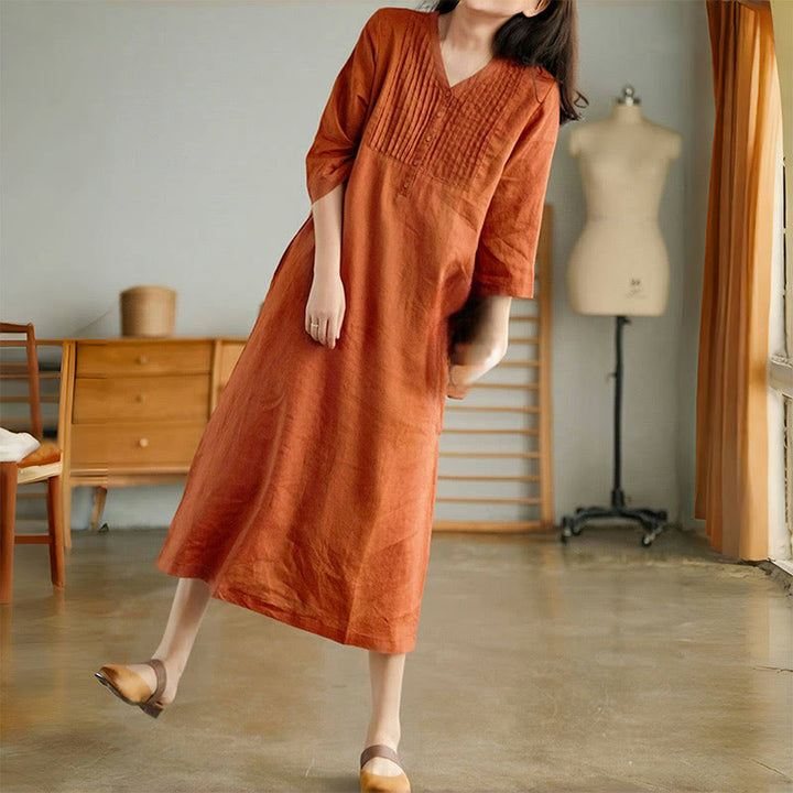 Vestido midi informal con diseño de acordeón, cuello en V, media manga y bolsillos, de Buddha Stones - image 7