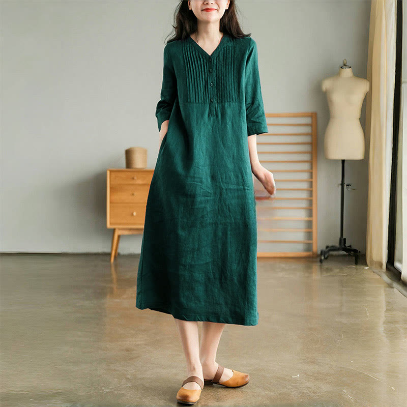 Vestido midi informal con diseño de acordeón, cuello en V, media manga y bolsillos, de Buddha Stones - Verde azulado - US12, UK/AU16, EU44 (3XL) - image 0