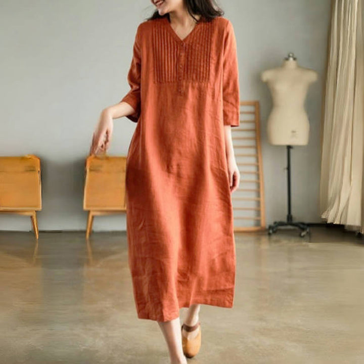 Vestido midi informal con diseño de acordeón, cuello en V, media manga y bolsillos, de Buddha Stones - image 8