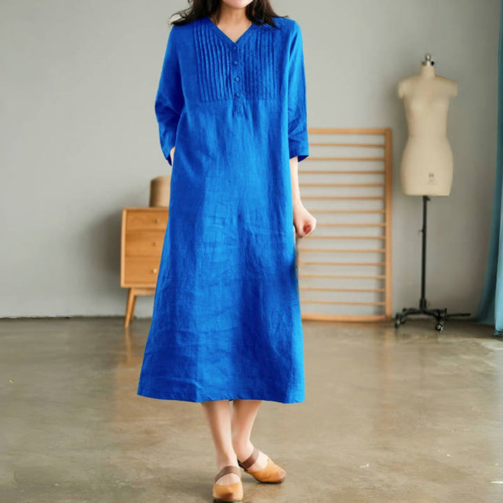 Vestido midi informal con diseño de acordeón, cuello en V, media manga y bolsillos, de Buddha Stones - DodgerBlue - US12, UK/AU16, EU44 (3XL) - image 4