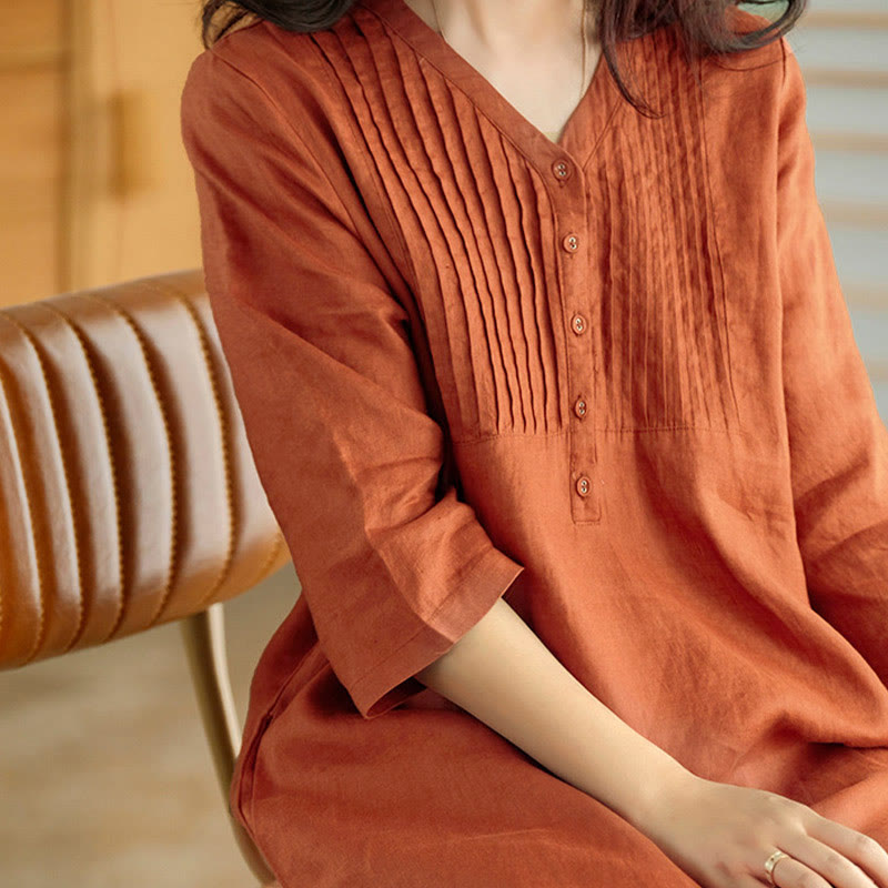 Vestido midi informal con diseño de acordeón, cuello en V, media manga y bolsillos, de Buddha Stones - image 9