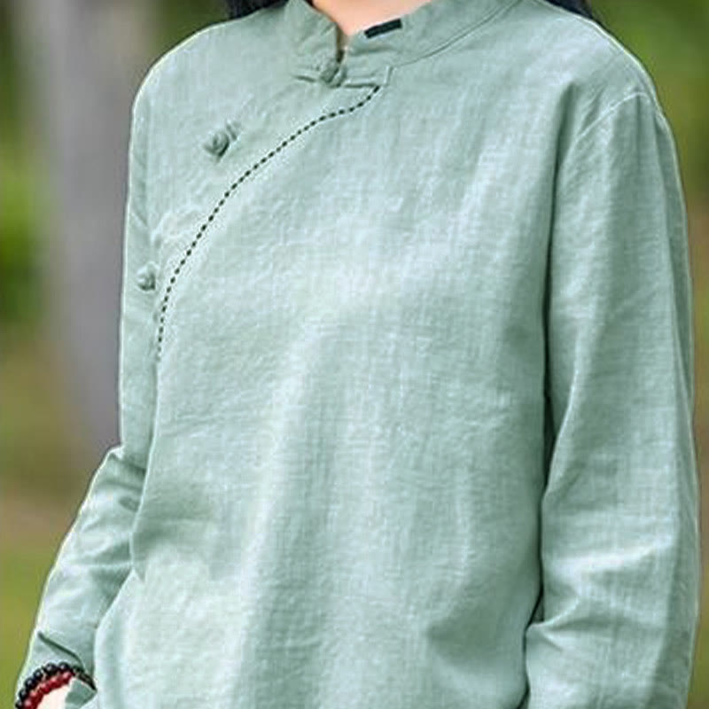 Ropa de lino holgada con botones y cuello oblicuo con Buddha Stones - image 7