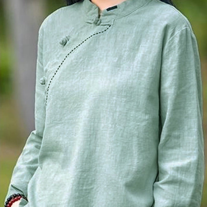 Ropa de lino holgada con botones y cuello oblicuo con Buddha Stones - image 7