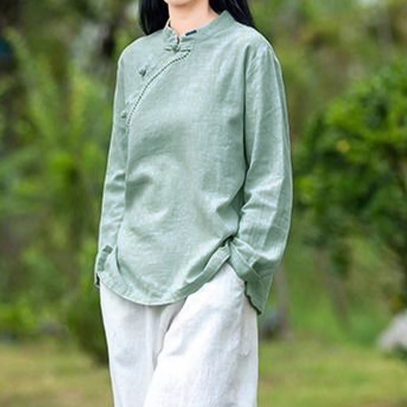 Ropa de lino holgada con botones y cuello oblicuo con Buddha Stones - image 3