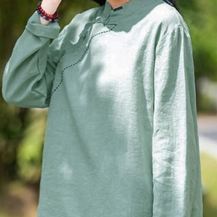 Ropa de lino holgada con botones y cuello oblicuo con Buddha Stones - image 1