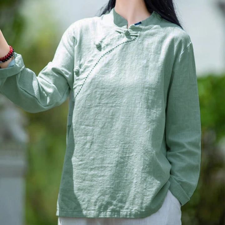 Ropa de lino holgada con botones y cuello oblicuo con Buddha Stones - image 4