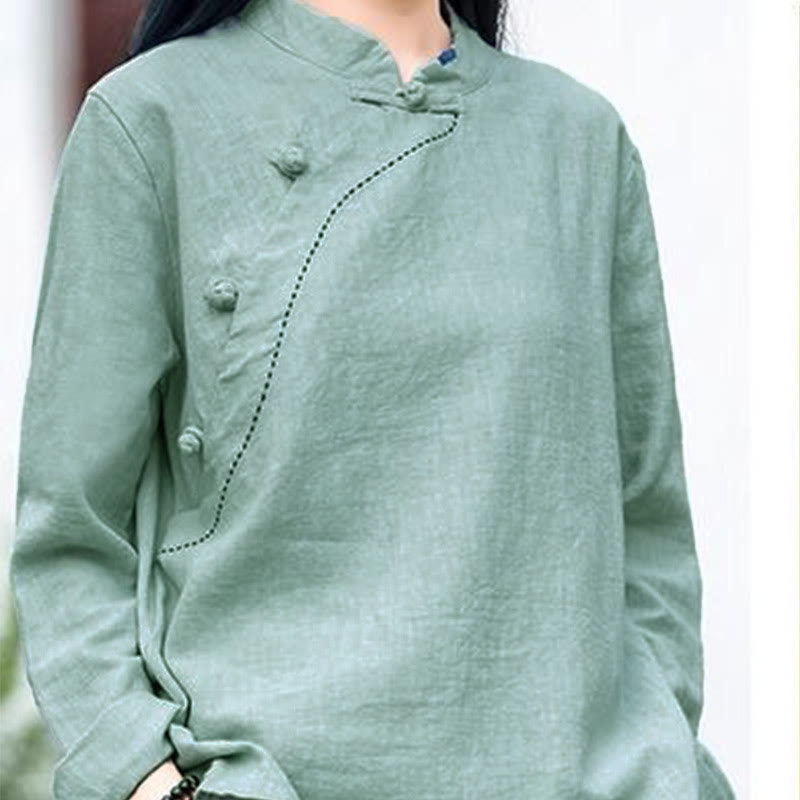 Ropa de lino holgada con botones y cuello oblicuo con Buddha Stones - image 2