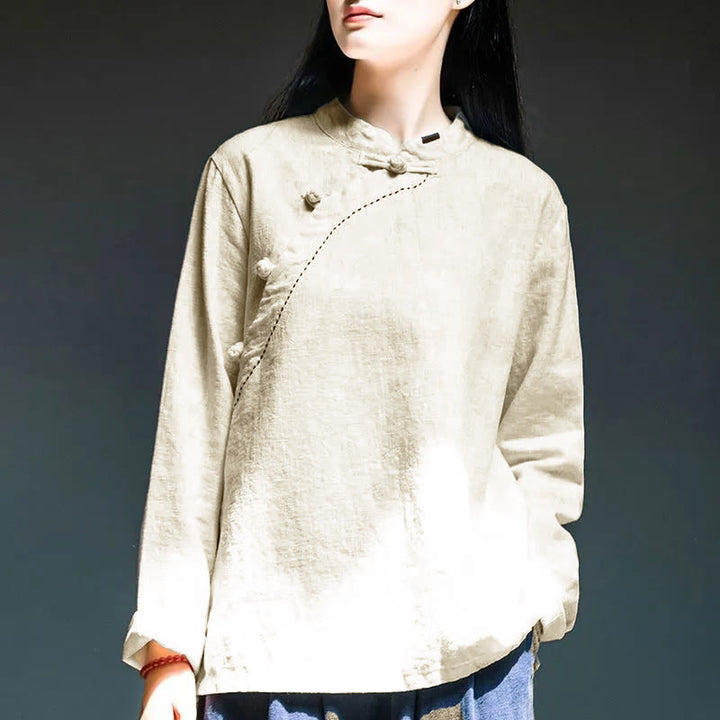 Ropa de lino holgada con botones y cuello oblicuo con Buddha Stones - Blanco - US12, UK/AU16, EU44 (4XL) - image 11