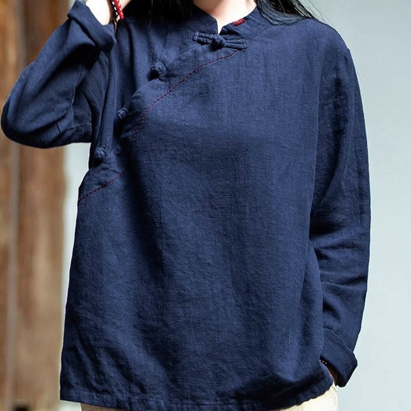 Ropa de lino holgada con botones y cuello oblicuo con Buddha Stones - image 20