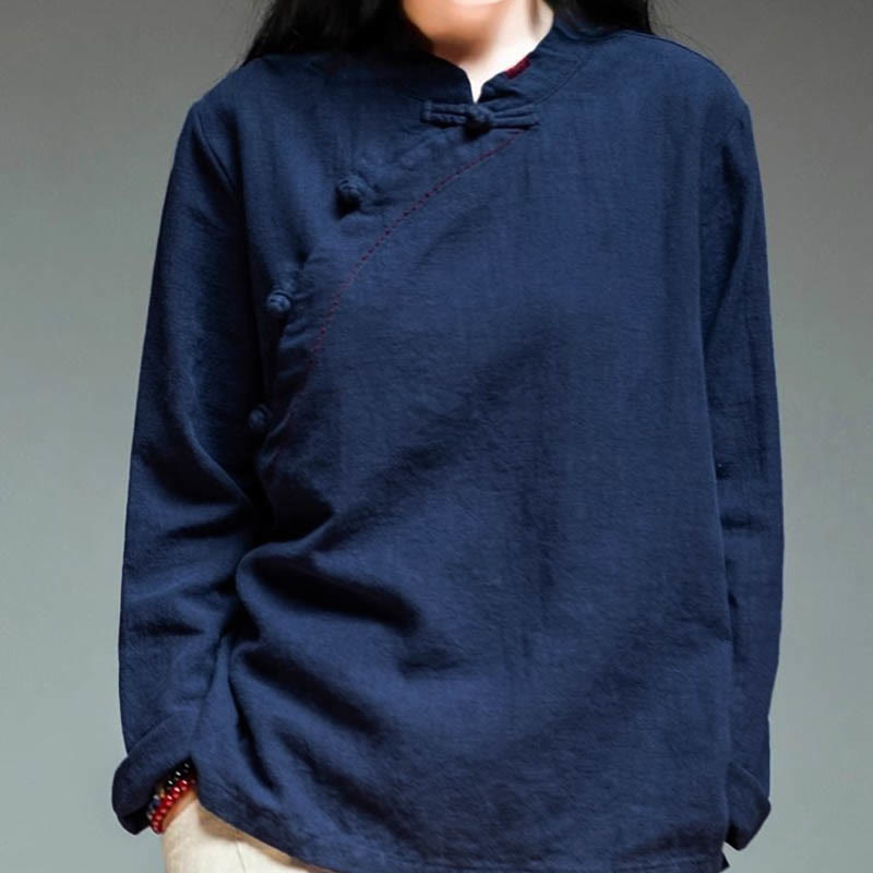 Ropa de lino holgada con botones y cuello oblicuo con Buddha Stones - image 13