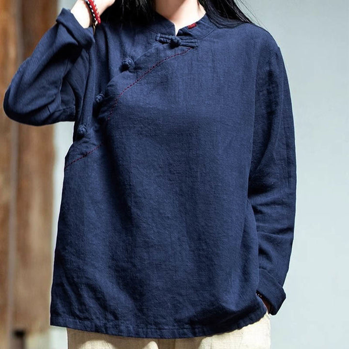 Ropa de lino holgada con botones y cuello oblicuo con Buddha Stones - image 17