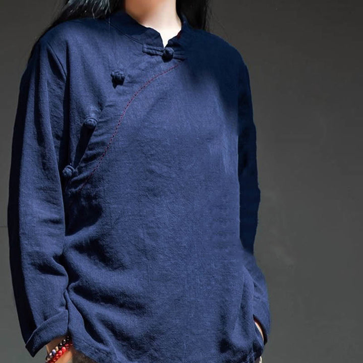 Ropa de lino holgada con botones y cuello oblicuo con Buddha Stones - image 16