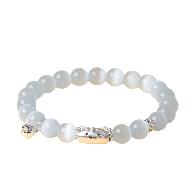 Pulsera con Buddha Stones en plata de ley 999 con cabeza de gato natural y ojo de gato blanco y ágata blanca. - image 4