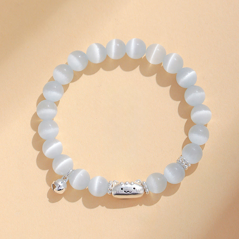 Pulsera con Buddha Stones en plata de ley 999 con cabeza de gato natural y ojo de gato blanco y ágata blanca. - image 1