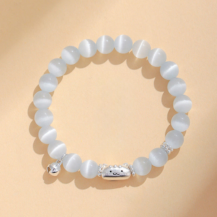 Pulsera con Buddha Stones en plata de ley 999 con cabeza de gato natural y ojo de gato blanco y ágata blanca. - image 1