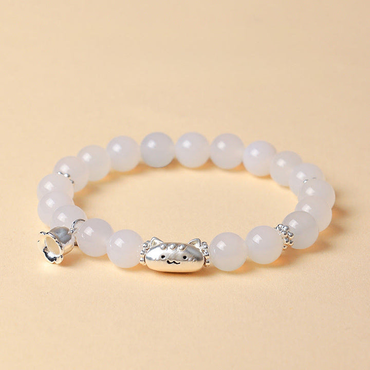 Pulsera con Buddha Stones en plata de ley 999 con cabeza de gato natural y ojo de gato blanco y ágata blanca. - image 10