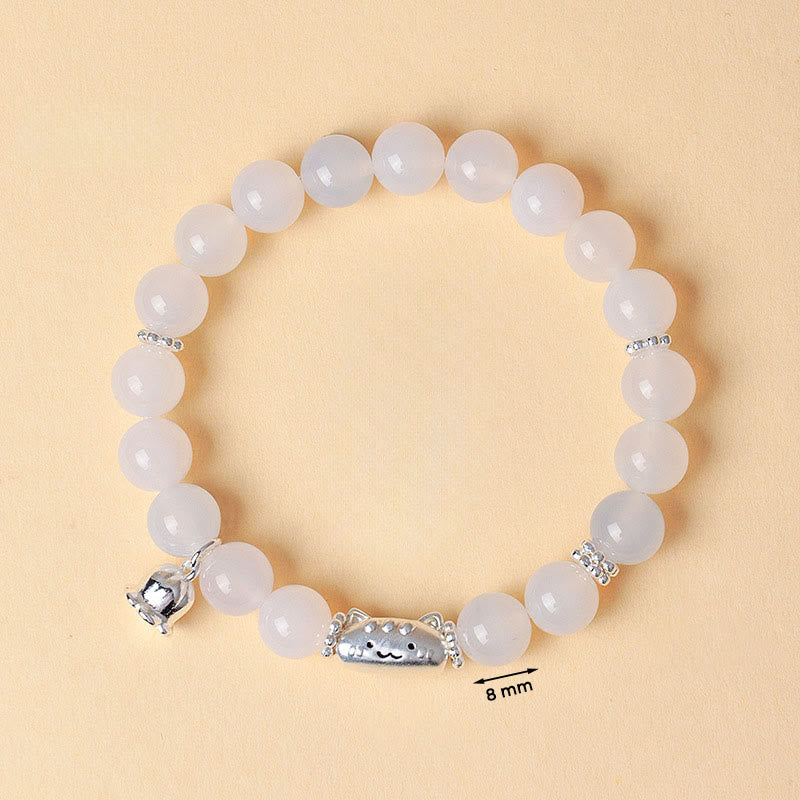 Pulsera con Buddha Stones en plata de ley 999 con cabeza de gato natural y ojo de gato blanco y ágata blanca. - image 12