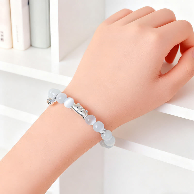 Pulsera con Buddha Stones en plata de ley 999 con cabeza de gato natural y ojo de gato blanco y ágata blanca. - image 5