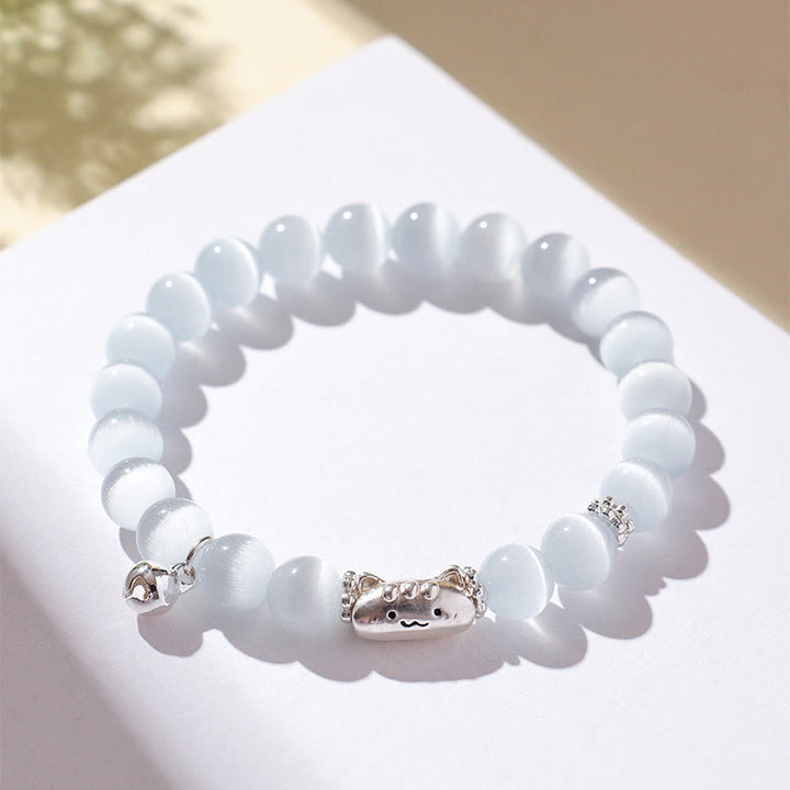 Pulsera con Buddha Stones en plata de ley 999 con cabeza de gato natural y ojo de gato blanco y ágata blanca. - image 2