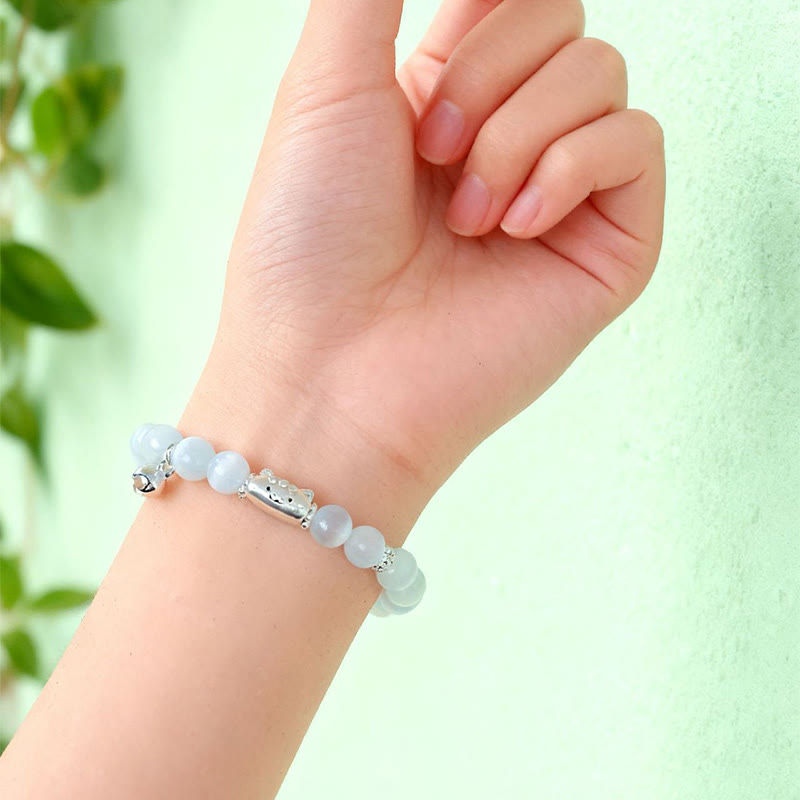 Pulsera con Buddha Stones en plata de ley 999 con cabeza de gato natural y ojo de gato blanco y ágata blanca. - image 6