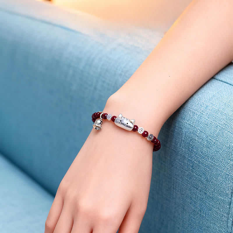 Pulsera de cuentas de granate con cabeza de gato natural de plata de ley 999 con Buddha Stones - image 8